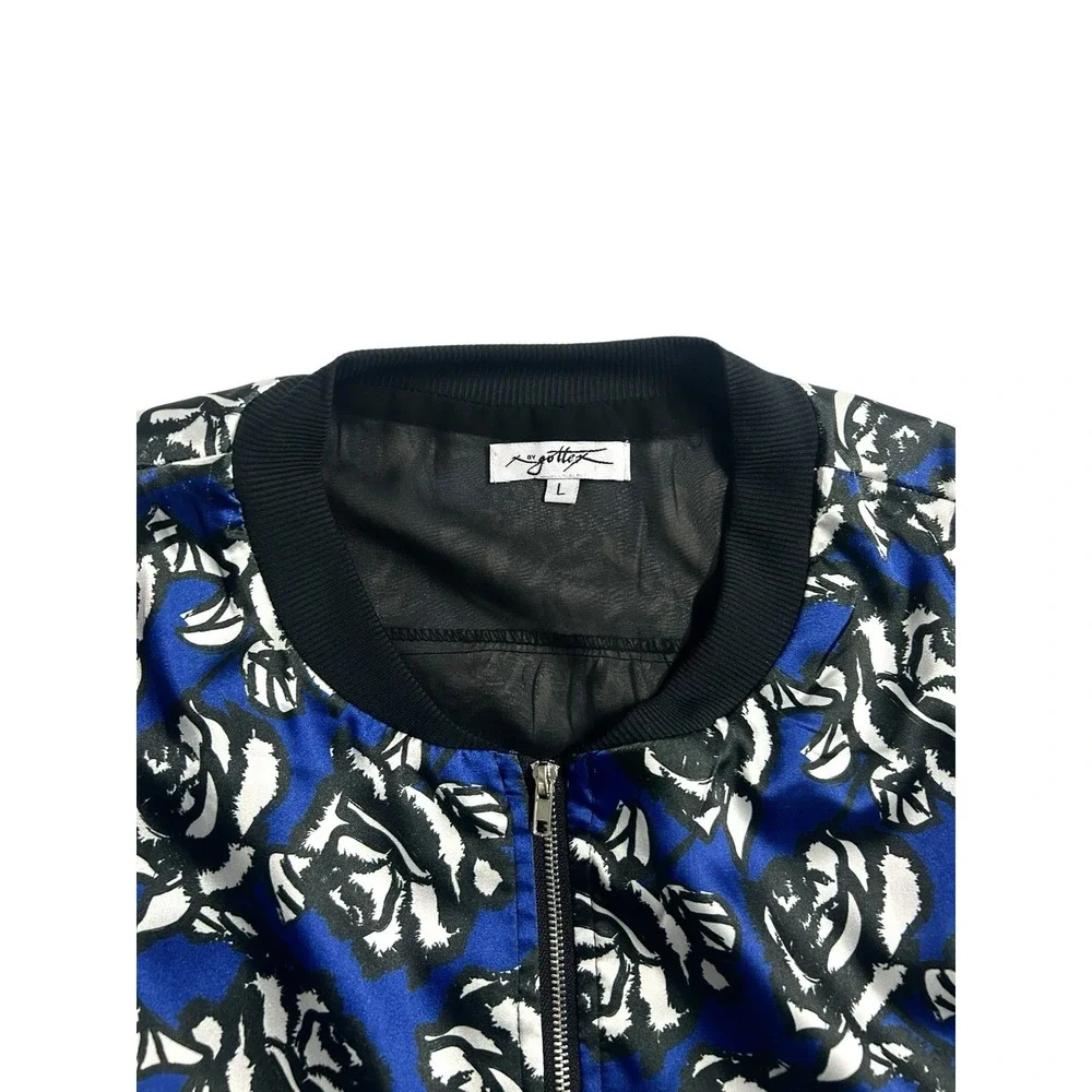 X by GOTTEX Women's Floral Satin Bomber Jacket Blue Roses Size Large Zip Pockets